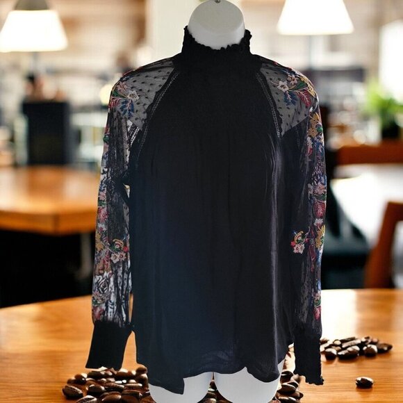BANJARA Black Long Sleeve High Neck Sheer Lace Embroidered Blouse- S - Picture 1 of 7